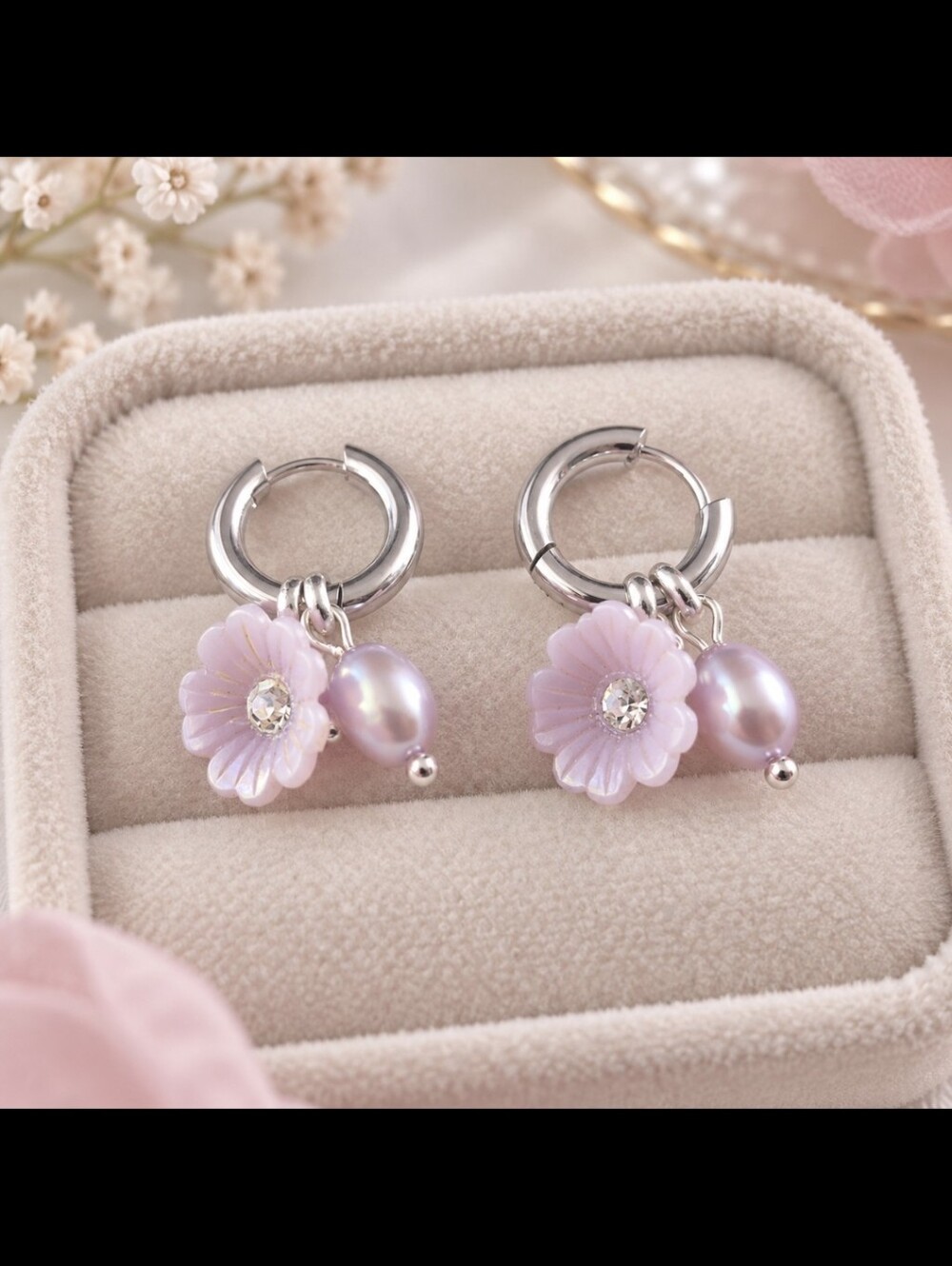 Stainless Silver Tone Hoop Earrings Lavander Flower and Freahwater Pearl Charm